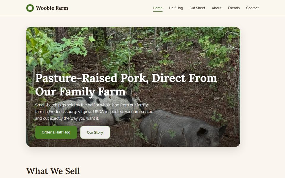 Woobie Farm website homepage, built by CrestFlow Digital